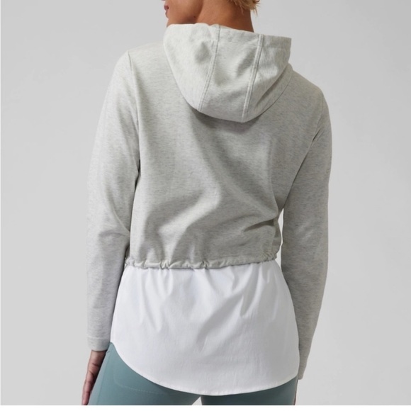 Athleta Hoodie Heather Gray & white Poplin Long Sleeve Tie waist Popover Top - Picture 3 of 12